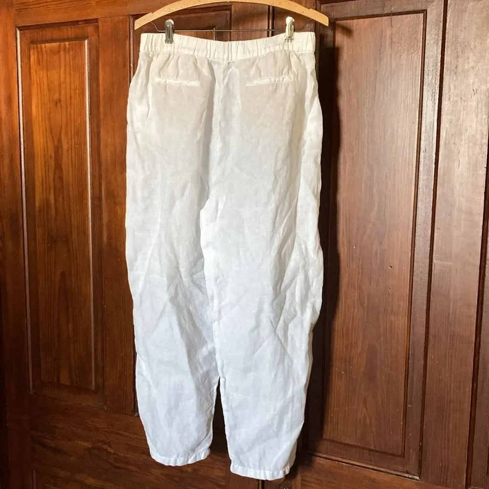 ZARA 100% Linen White Tapered Pull On White Pants With Pockets Size M